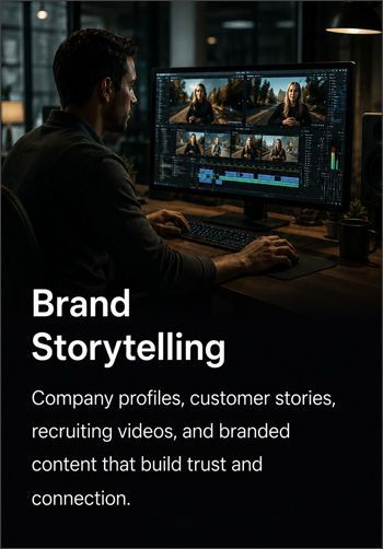 Man editing a video on a dark monitor, with text: “Brand Storytelling” and a description below.
