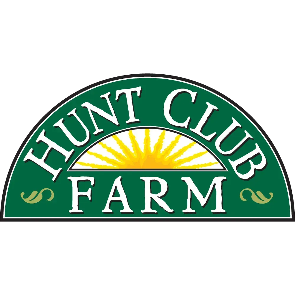 Hunt Club Farm logo with green arch, white text, and yellow sunrise over a field