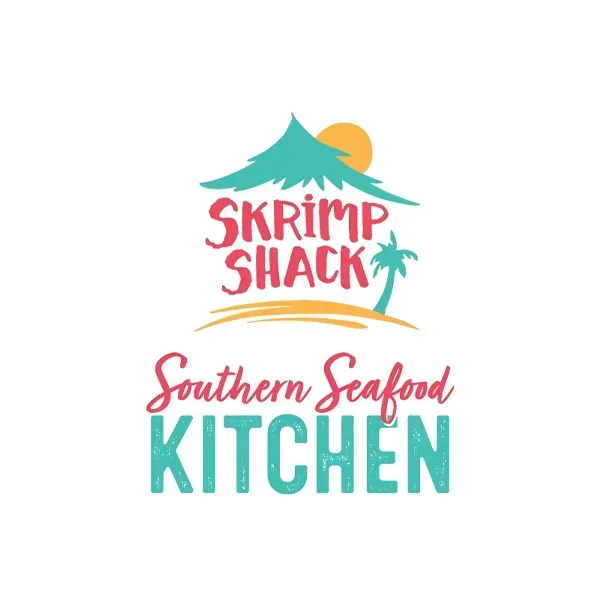 SkRIMP SHACK Southern Seafood Kitchen logo with teal, coral, and orange tropical palm design