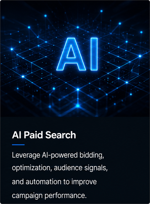 AI Paid Search banner with blue glowing AI text over a digital network background, promoting optimization and automation