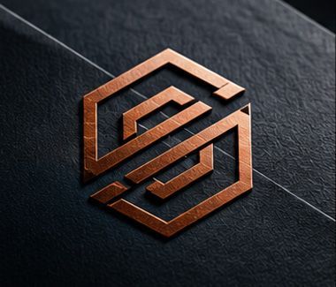 Copper geometric hexagon logo on a dark textured background