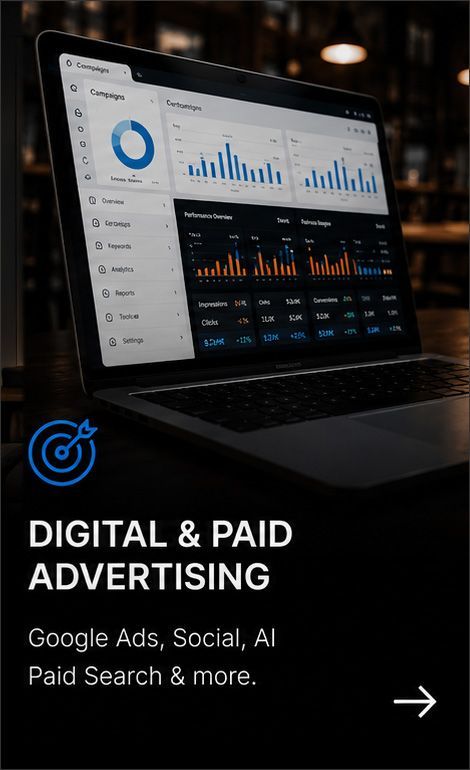 Laptop showing analytics dashboard beside text “Digital & Paid Advertising” on a dark promotional banner.