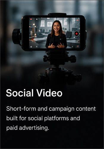 Social video ad showing a woman speaking on a camera screen in a dim studio setting
