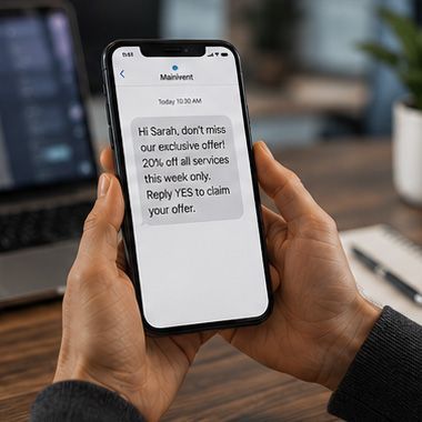 Hand holding a phone showing a text message from Mainvent about an exclusive offer.