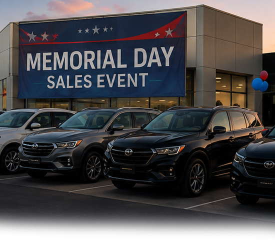 Car dealership lot with SUVs and a large banner reading “Memorial Day Sales Event”