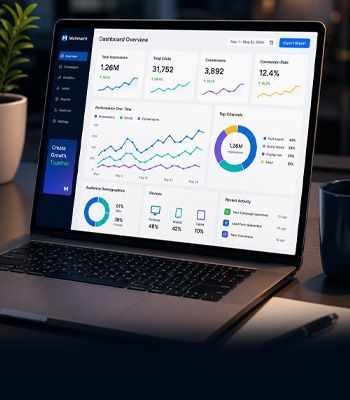 Laptop showing a business analytics dashboard with charts, graphs, and KPI metrics