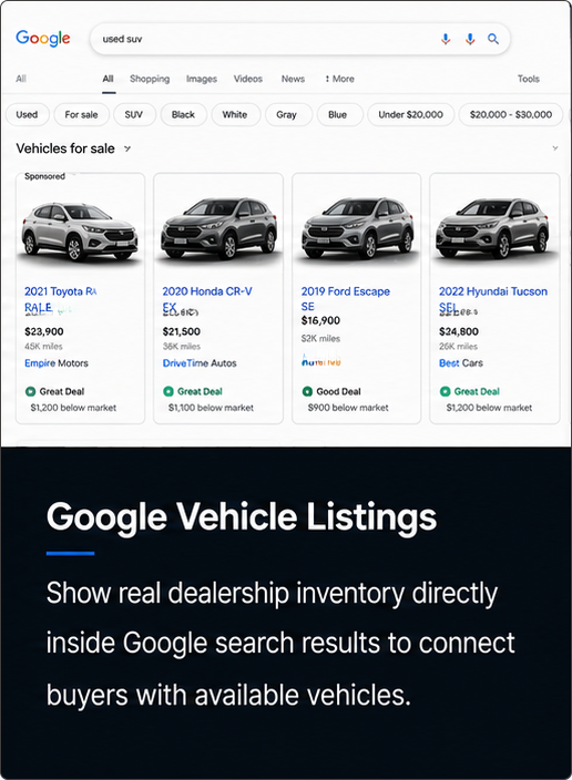 Google search results for vehicle listings showing four car cards and text about Google Vehicle Listings