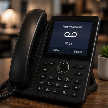Desk phone displaying “New Voicemail” with call timer and listen/delete options