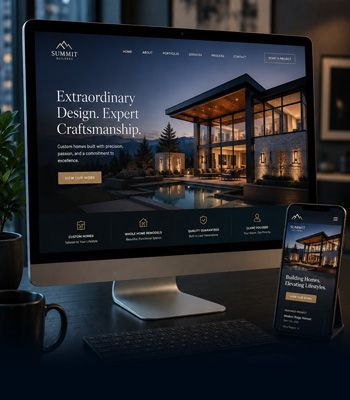 Desktop monitor and smartphone displaying a modern luxury home design website in a dark office setting