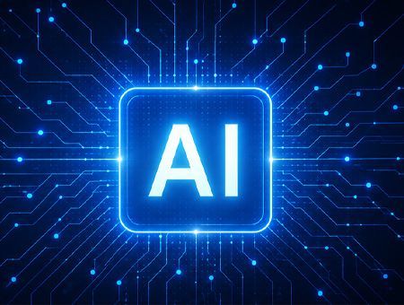 Glowing blue AI icon centered on a futuristic digital circuit background
