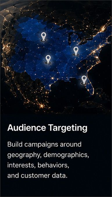 Dark US map with location pins and text: “Audience Targeting” for campaigns by geography, demographics, interests, behavior, and customer data.