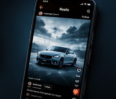 Instagram Reels screen showing a silver sports car on a stormy road backdrop