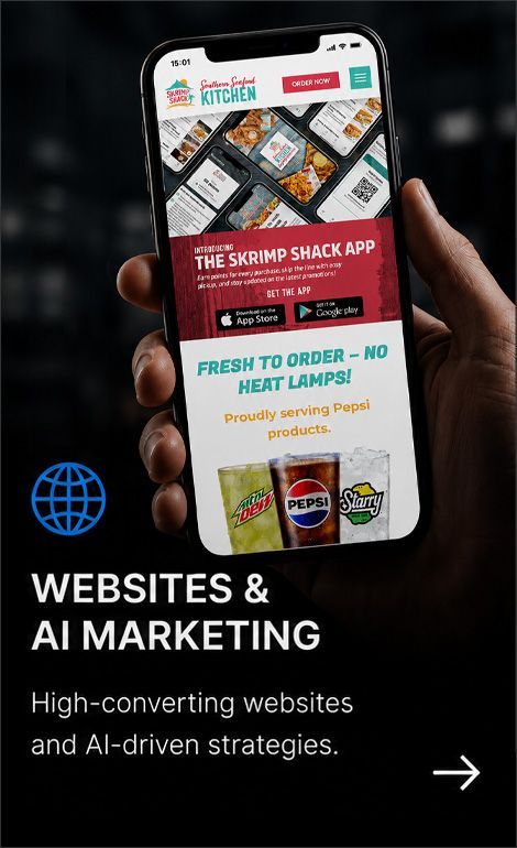 Black ad for website and AI marketing, with a smartphone showing a sample website and bold text.