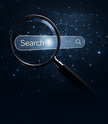 Magnifying glass over a search bar on a dark blue digital background with network dots