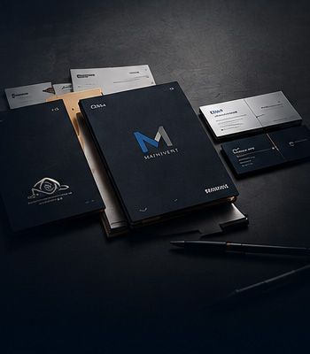 Elegant dark stationery set with branded notebooks, cards, and pens on a black desk.
