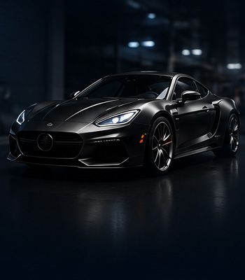 Black sports car in a dark studio, front three-quarter view with glossy reflections on the floor.