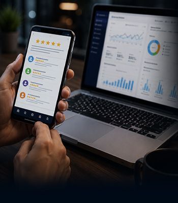 Hands holding a smartphone with ratings beside a laptop showing analytics dashboards