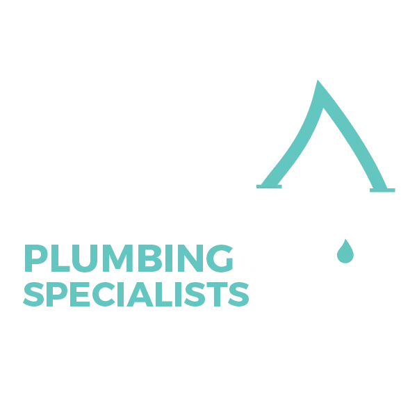 Teal plumbing logo with house roof and water drop, reading “PLUMBING SPECIALISTS”