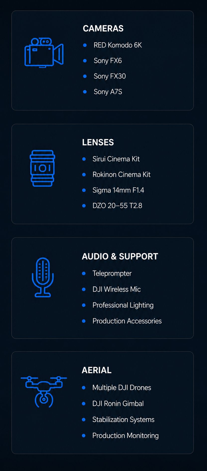 Blue neon-outline infographic listing camera, links, audio support, and social media features on a dark background