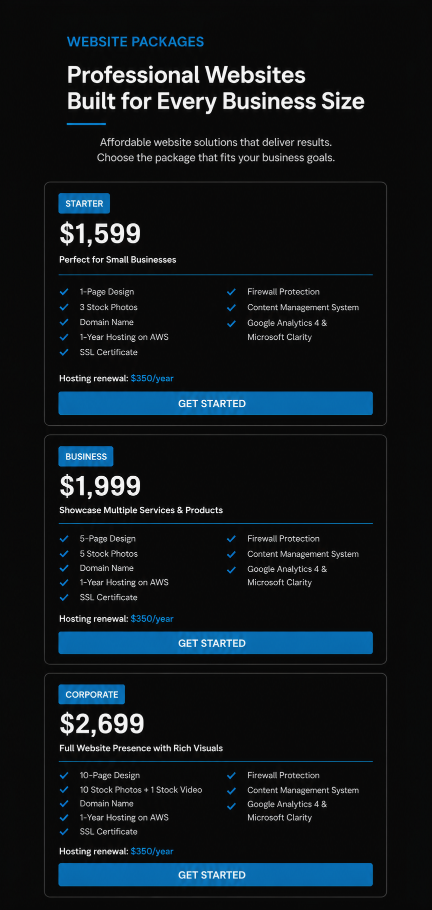 Professional website pricing plans with three blue cards listing $1,599, $1,999, and $2,699