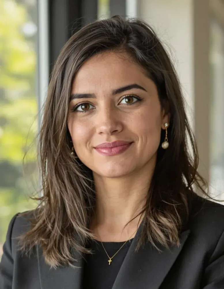 Portrait of a smiling woman in a black top and blazer, standing indoors with a softly blurred background.