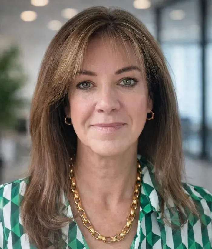 Portrait of a woman in a green-and-white patterned blouse and gold chain, smiling in a blurred office setting