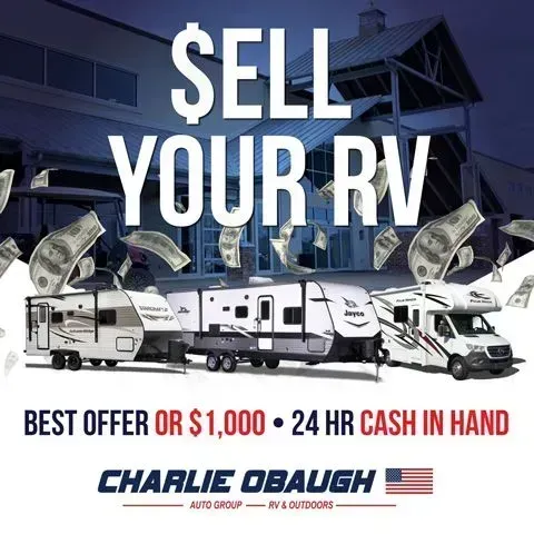 Sell your RV ad with bold white text, RVs, flying cash, and Charlie Obaugh logo on a blue background