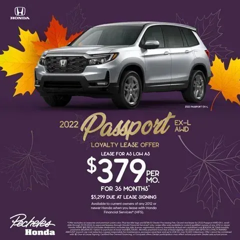 2022 Honda Passport EX-L SUV in silver on purple background with orange leaves, lease offer $379/mo.