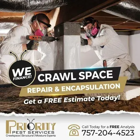 Crawl space repair ad with workers in protective suits, “We Finance,” and free estimate callout.