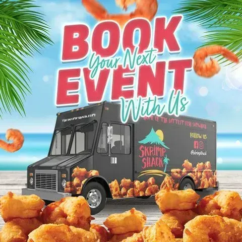 Shrimp food truck by the beach with “Book your next event with us” promotion and fried shrimp in front