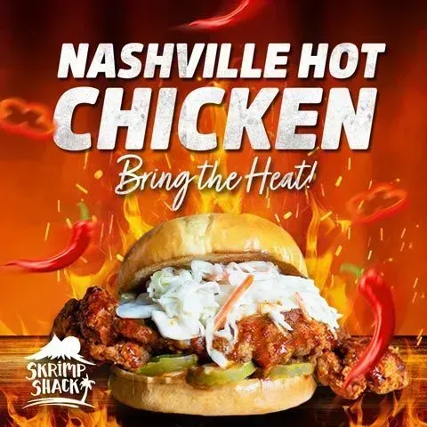 Nashville hot chicken sandwich ad with fiery red background and the text “Bring the Heat”