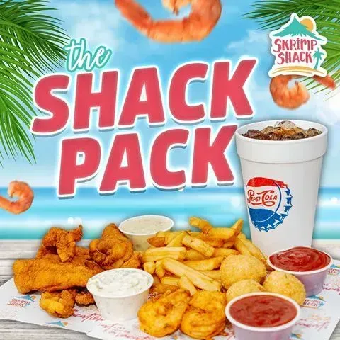 Seafood combo meal ad with fried shrimp, fries, sauces, and a drink labeled “The Shack Pack”