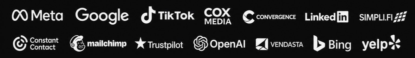 Logos of Meta, Google, TikTok, Cox, Comcast, LinkedIn, Salesforce, OpenAI, Verizon, Bing, and Yelp on a black background.
