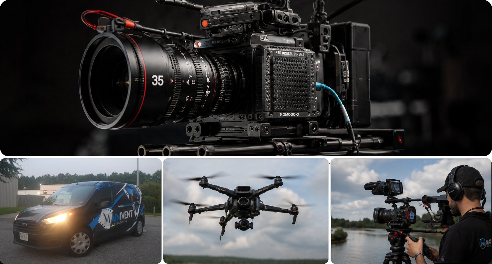 Collage of a professional camera, a car filming setup, a drone, and a cameraman recording video