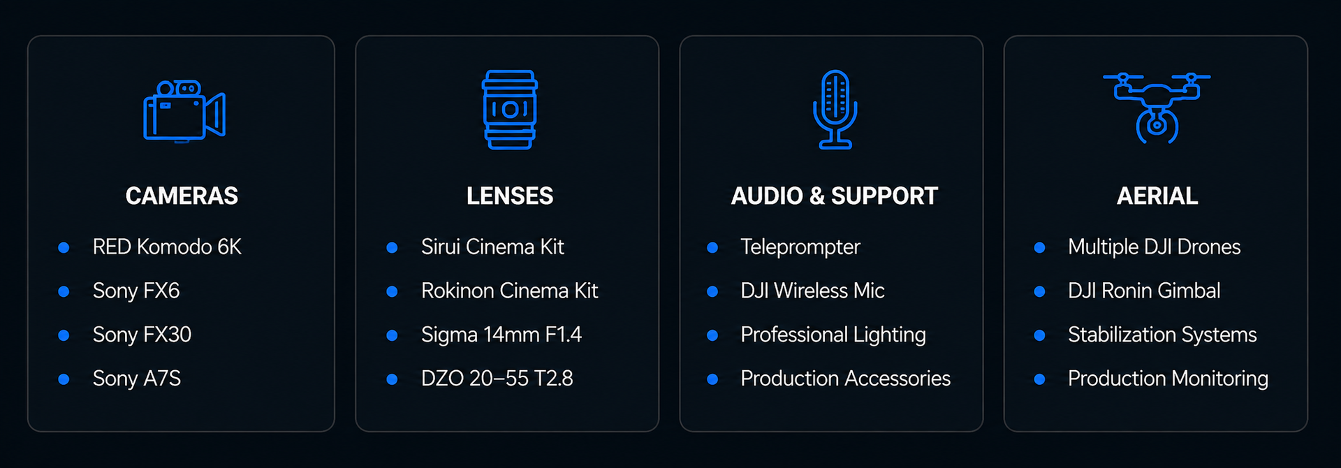 Dark blue service menu with icons for cameras, lenses, audio support, and apps on a black background