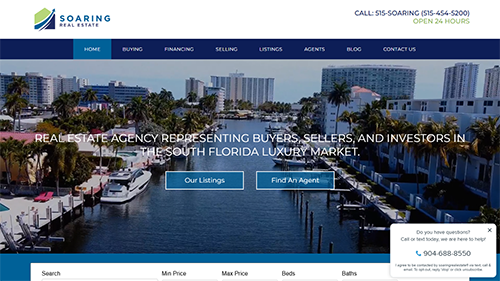 Boating website homepage with marina hero image, navigation bar, and search form for leases and sales