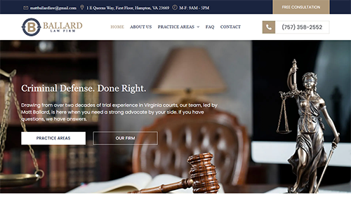 Law firm website homepage with scales of justice, gavel, and office chairs in a warm-toned hero banner