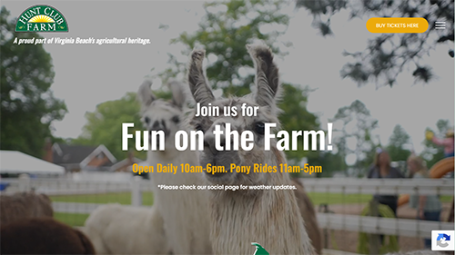 Farm website hero with sheep, green logo, and text “Join us for Fun on the Farm!”