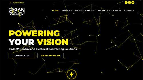 Black-and-yellow electrical contracting website homepage with “Powering Your Vision” headline and contact buttons