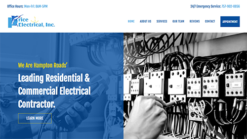 Homepage banner for All Electric, Inc. with blue overlay and electrician wiring electrical panels