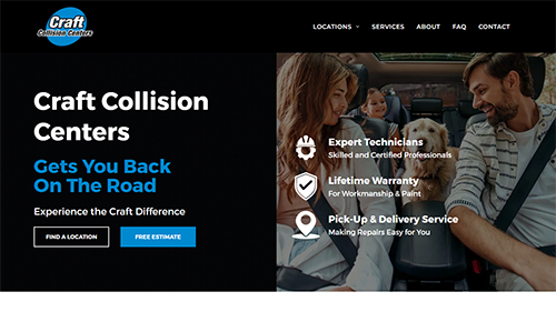 Craft Collision Centers homepage with hero image, black background, blue accents, and repair team in a shop