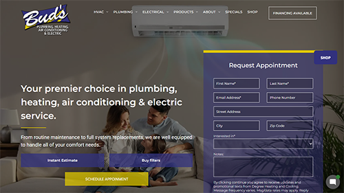 Bud’s Plumbing website homepage with hero banner and “Request Appointment” form