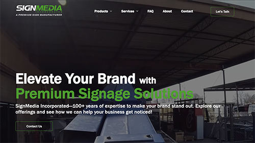 Website hero banner for SignMedia with white headline over a dark storefront background and green accent text