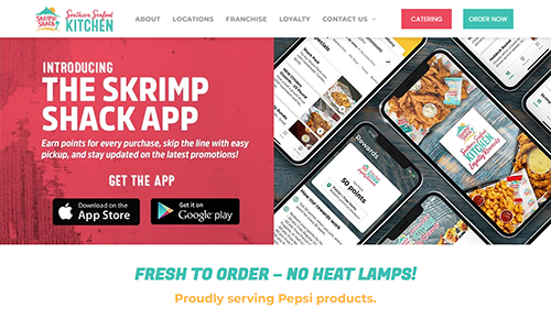 Skimp Shack app homepage promoting seafood ordering with app store download buttons and food photos