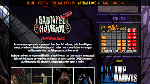 Haunted House Halloween webpage with spooky logo, navigation, attraction list, and haunted maze photos