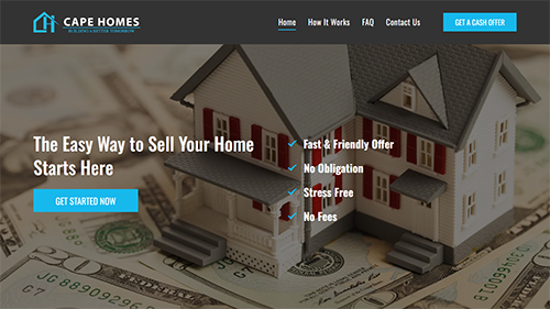 Real estate website homepage with house model, keys, and blue call-to-action buttons on a dark banner