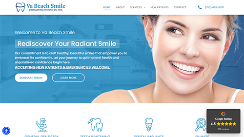 Dental clinic website homepage with blue banner, smiling woman, and “Rediscover Your Radiant Smile” headline