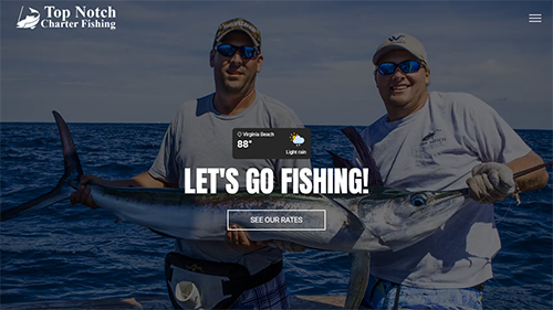 Two men on a boat holding a large fish, with “LET’S GO FISHING!” text and a fishing charter logo.