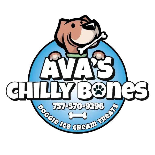 Logo for Ava's Chilly Bones, with a cartoon dog and text for doggie ice cream treats and phone number 757-570-9296