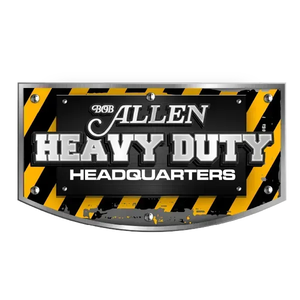 Black and yellow Allen Heavy Duty Headquarters metal sign with hazard stripes